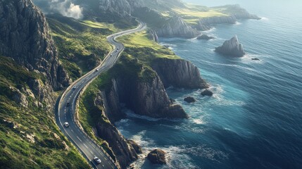 Bird eye view of a winding coastal road hugging a cliffside, with dramatic ocean views on one side and towering cliffs on the other