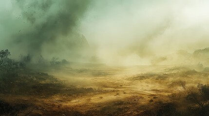 Fototapeta premium A dusty landscape after a storm has passed, with the air still thick with particles.