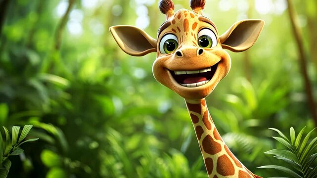 Charming cartoon giraffe joyfully smiling and striking playful poses