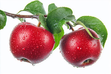 Two fresh red apples hanging on a branch with dew-covered green leaves against a white background. Macro photography showcasing vivid colors, rich details, and a hyper-realistic focus on fruit texture