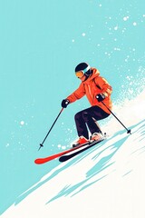 Skier in downhill tuck position on light blue background