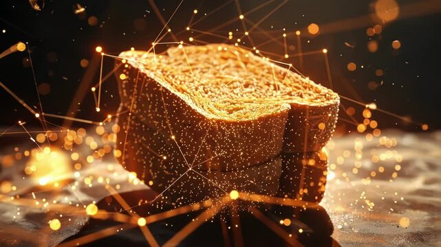 A slice of bread with tiny electrons buzzing around its crust and nucleus made of quarks.