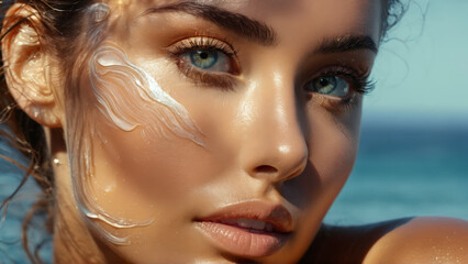 Toned woman applying firming body oil tightening swirls lifting effect cool ocean backdrop Closeup portrait