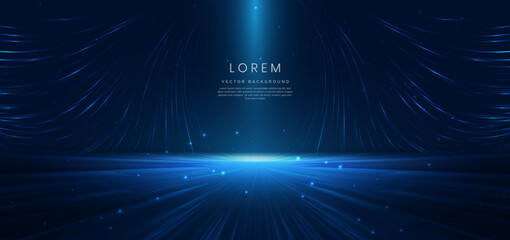 Abstract scene elegant blue light lines on dark background with lighting effect and sparkle.