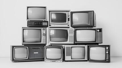 Black-and-White Photograph of Stacked Vintage Televisions 