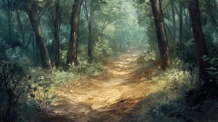 Obraz premium A dusty trail through a forest, where the earth is dry and cracked. The leaves on the trees rustle gently in the breeze, and the dust rises with every step