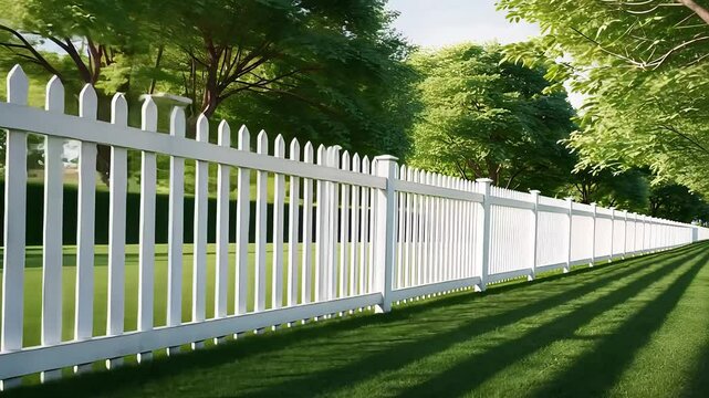 Classic White Picket Fence in a Lush Green Garden