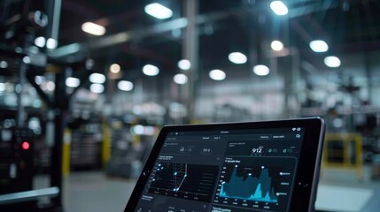 A digital tablet displays data analytics in a bustling factory environment, merging technology with industrial productivity.