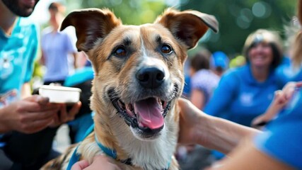 Joyful connection, young people volunteer and happy dog at community event. Concept of helping homeless animals, volunteer movement to feed dogs