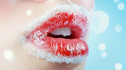 Fototapeta premium Woman's lips covered with sugar crystals close-up