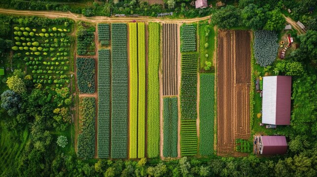 A farm with a mix of row crops, fruit orchards, and livestock. The land is well-organized, and different crops grow side by side, with farmers tending to each section