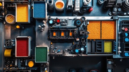 Fototapeta premium Overhead perspective of a plastics manufacturing line, with a variety of molds in use, surrounded by containers of brightly colored plastic pellets. The machinery is orderly
