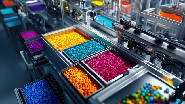 Overhead perspective of a plastics manufacturing line, with a variety of molds in use, surrounded by containers of brightly colored plastic pellets. The machinery is orderly