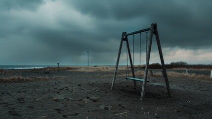 A lone swing stands in an eerily deserted, cloud-covered beach, inviting reflections on solitude and the passage of time against an approaching storm.