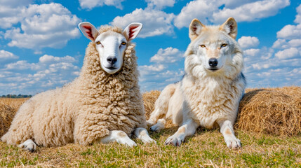 Fototapeta premium Wolf and sheep are friends, impossible friendship, opposites attract