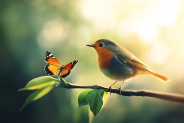 Fototapeta premium A small bird is sitting on a branch next to a butterfly with a beautiful light
