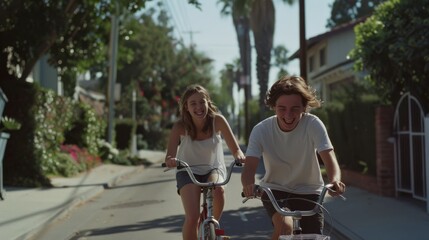 Two friends joyfully ride bicycles down a sunny suburban street, capturing a carefree summer vibe.