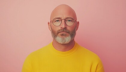 Obraz premium Bald man with glasses wearing a yellow sweater against a pink background, capturing vibrant fashion and contemporary style.