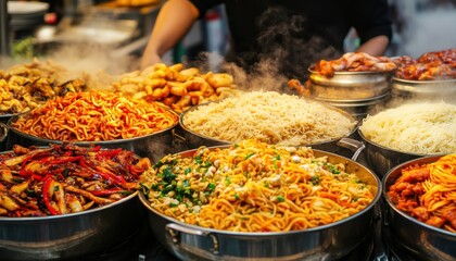 Obraz premium A large variety of Asian food is displayed on a table. The food is steaming and looks delicious