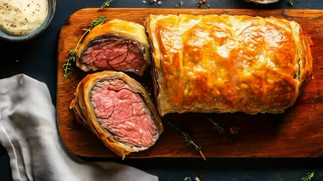 Video of delicious baked Beef Wellington wrapped in puff pastry. Holiday meal for family dinner. Hearty savory food