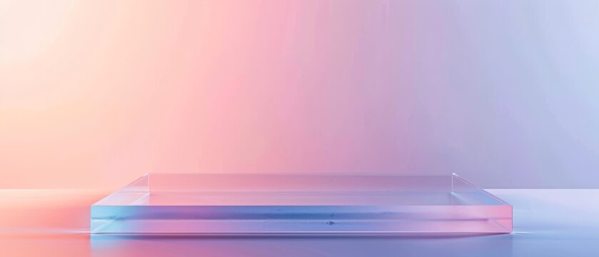Sleek rectangular glass podium on a pink and blue gradient background. Minimalist design, ideal for luxury product displays and branding