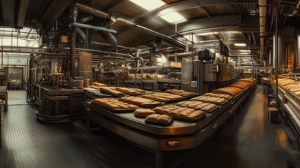Panorama of a food production line in a bakery factory, with machinery at the top section handling dough and baking processes. The center area displays rows of freshly packaged bread loaves