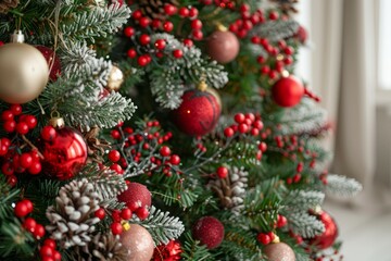 Fototapeta premium Close up of balls on christmas tree. Bokeh garlands in the background. New Year concept. Neural network ai generated art