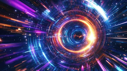 Obraz premium A mesmerizing cosmic vortex swirls with vibrant blues and purples, suggesting a journey through time and space in a futuristic, otherworldly panorama of light.