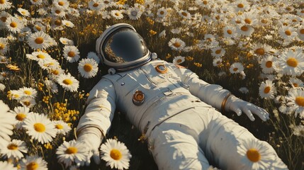 An astronaut lies peacefully in a vibrant field of daisies, blending the marvel of space exploration with serene nature.