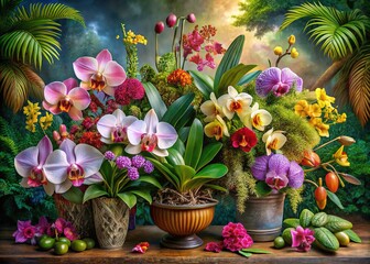 Obraz premium Orchid Tropical Floral Still Life - Big Set of Flowers