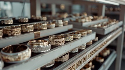 Rows of intricately designed rings glisten under shop lights, highlighting the craftsmanship and luxury of fine jewelry.