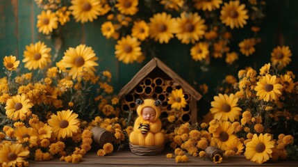Adorable newborn baby in a yellow bee costume surrounded by vibrant sunflowers and cozy rustic decor.