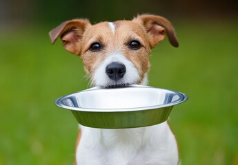 A dog is holding a metal bowl in its mouth. The bowl is silver and he is empty. The dog is standing on a green grassy field