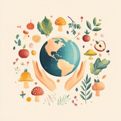 A drawing of a hand holding a globe with a variety of fruits and vegetables surrounding it. Concept of the importance of healthy eating and the interconnectedness of the world
