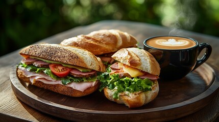 Assorted sandwiches and a hot latte arranged on a wooden tray, perfect for a fresh and inviting breakfast setting.