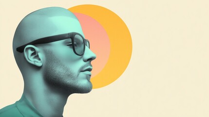 Stylized profile of a man in glasses with vibrant modern art background, emphasizing futuristic and...