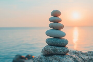 Fototapeta premium Stones standing on top of each other against the backdrop of a sunset on the seashore