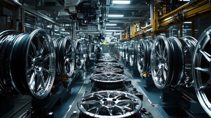 Fototapeta premium Panorama of a wheel production line in an alloy wheel manufacturing facility, with robotic arms and machinery in the top section crafting each wheel