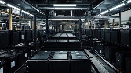 Fototapeta premium Panorama showing a car battery manufacturing line, with assembly and quality control machinery in the upper section. The center area is filled with durable car batteries in black casings