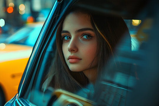 Serious woman in car. Sad, upset or tired taxi passenger. Cool elegant business lady sitting on the back seat looking out the window. Commuter late, waiting in traffic. Thoughtful female cab customer.