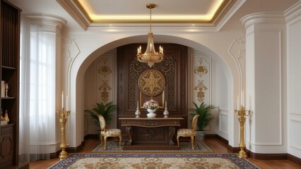 Elegant Luxury Dining Room with Classic Furniture and Decorative Chandelier, Perfect for Upscale Home Decor and Interior Design Inspiration