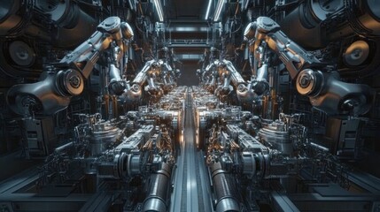 Panorama showing a high-tech automotive engine assembly line, with robotic arms at the top meticulously assembling parts