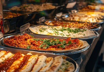 A photo of an amazing feast with multiple plates and enchiladas in the center, the food is placed on top of some metal cooking dishes