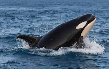 A killer whale, an orca, emerging from the deep blue waters