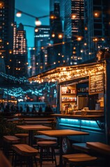 A food truck is parked in front of a restaurant with a neon sign. The food truck is open and has a...