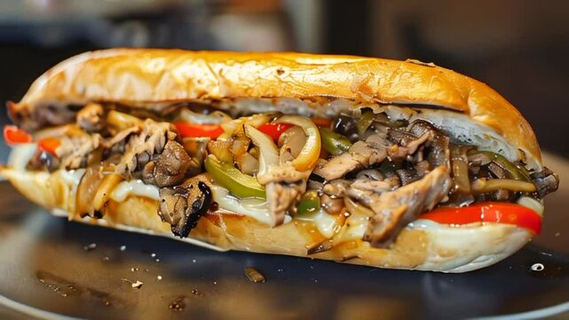 Video delicious Philly cheesesteak with chopped beef peppers, caramelized onions with pickles and provolone cheese in a crisp hoagie roll. Traditional American cuisine