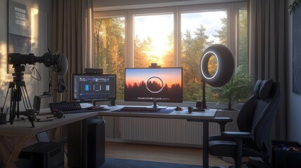 Bright, Modern Streaming Studio with Natural Light, Featuring Camera, Microphone, and Ring Light Setup Around Desk for Professional Content Creation in a Cozy and Organized Workspace