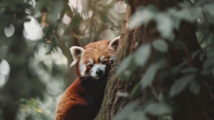 Fototapeta premium A red panda rests against a tree, enveloped by lush greenery, evoking a sense of tranquility and natural beauty.