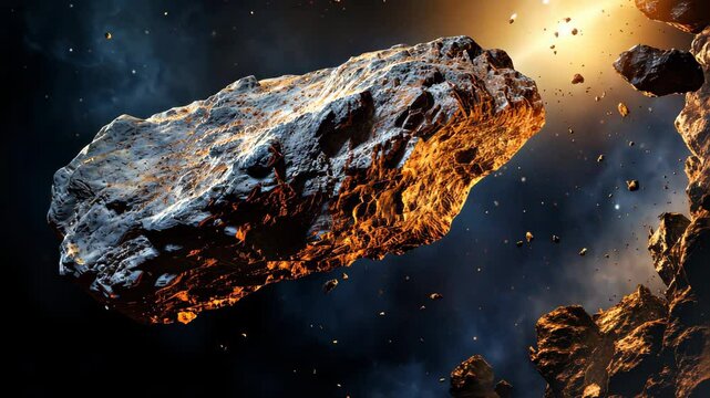Large asteroid traveling through space with smaller asteroids
