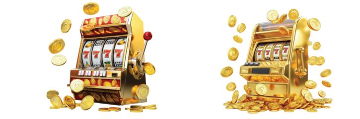 Retro golden slot machine with lucky symbols, casino environment